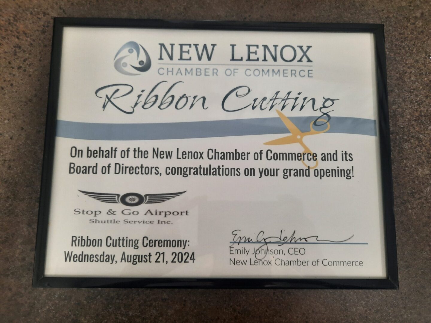 New Lenox Chamber of Commerce ribbon cutting certificate 2024