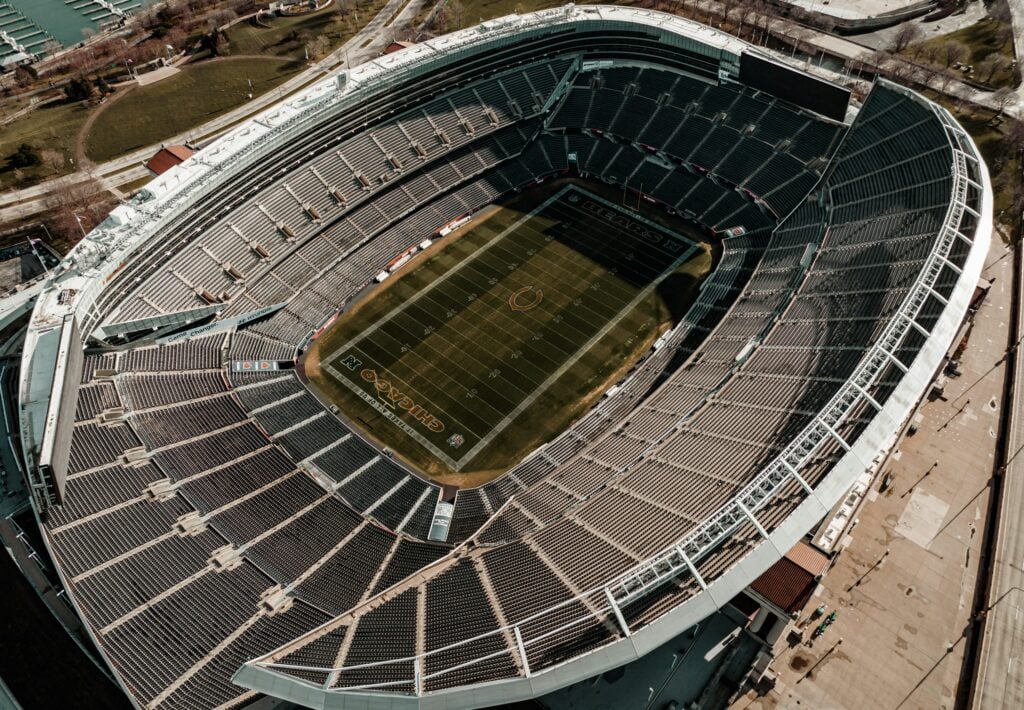 Soldier Field lit up on game day in Chicago
