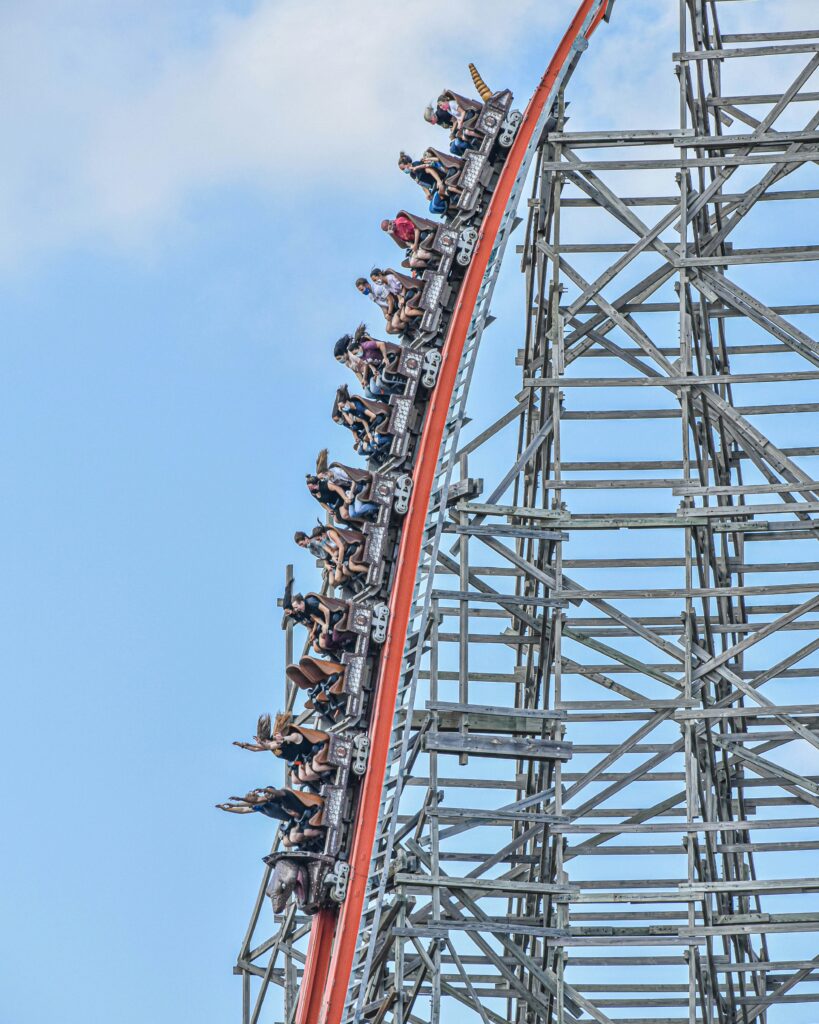 Riders on a roller coaster at Six Flags Great America, Chicago
