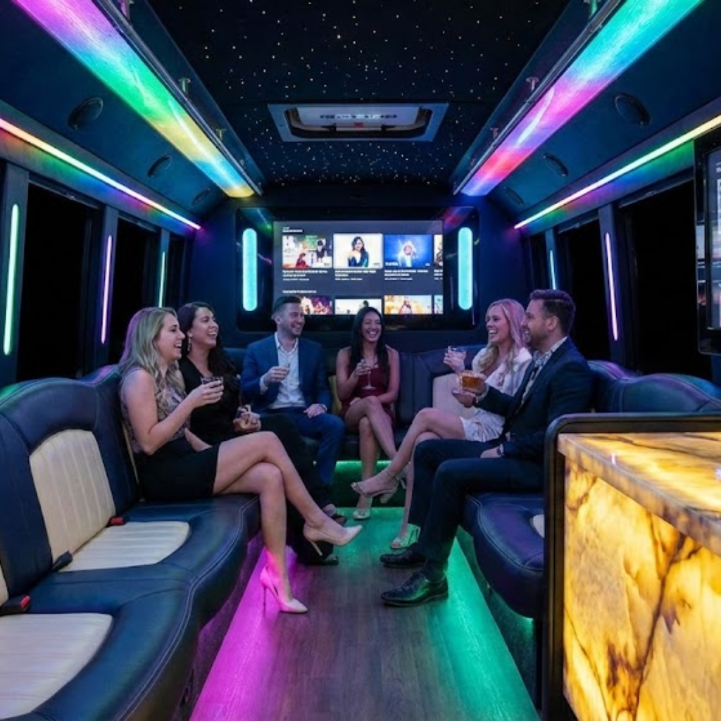 Luxurious party bus limo bus interior, Stop and Go