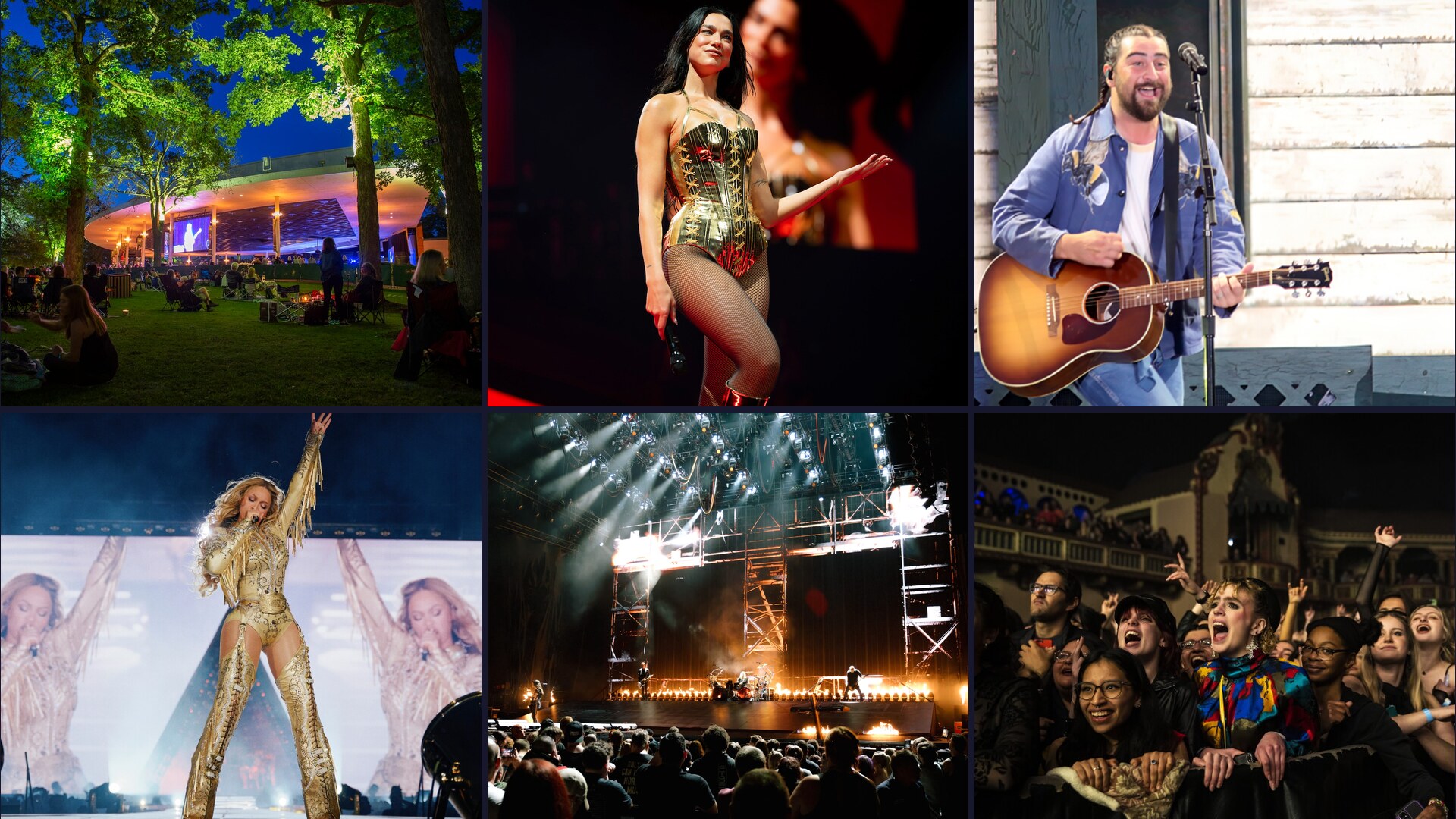Local concert transportation service in Chicago, Chicago concert transportation collage featuring outdoor concerts, arena shows, and music venues, from Stop & Go Airport Shuttle Service, Inc..