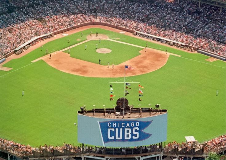 Aerial view of Wrigley Field and the Wrigleyville neighborhood, Chicago, Illinois