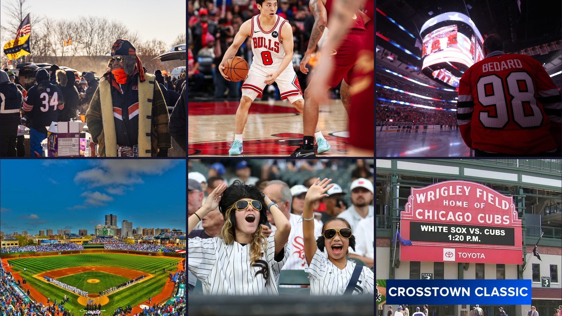 Local sports event transportation service in Chicago, Chicago sports event transportation collage featuring Bears, Bulls, Blackhawks, Cubs, White Sox, and Crosstown Classic events, from Stop & Go Airport Shuttle Service, Inc..